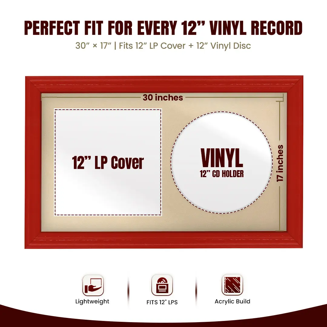 30x17" Classic Red Vinyl Record Frame With Ivory Mount | Side by Side 12" LP Cover & Disc Display thumbnail 3