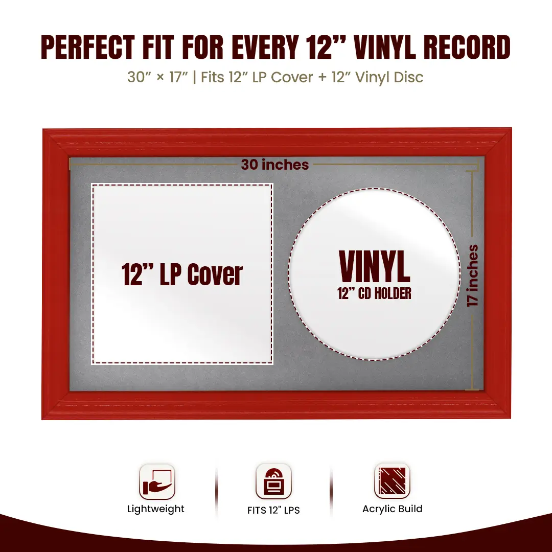 30x17" Classic Red Vinyl Record Frame With Mid Grey Mount | Side by Side 12" LP Cover & Disc Display thumbnail 3