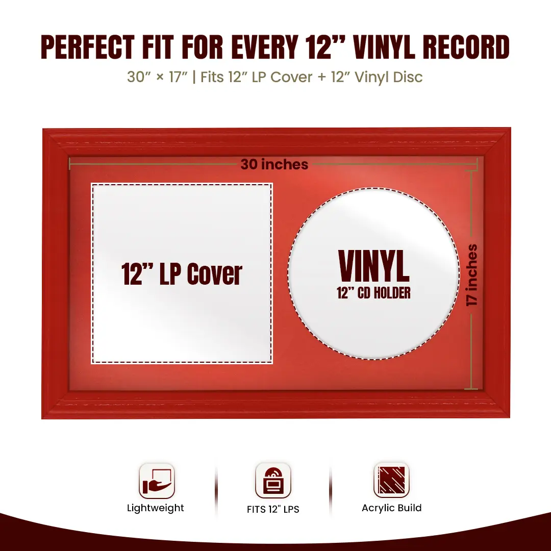 30x17" Classic Red Vinyl Record Frame With Poppy Red Mount | For 12" LP Cover and Disc Side By Side Display thumbnail 3