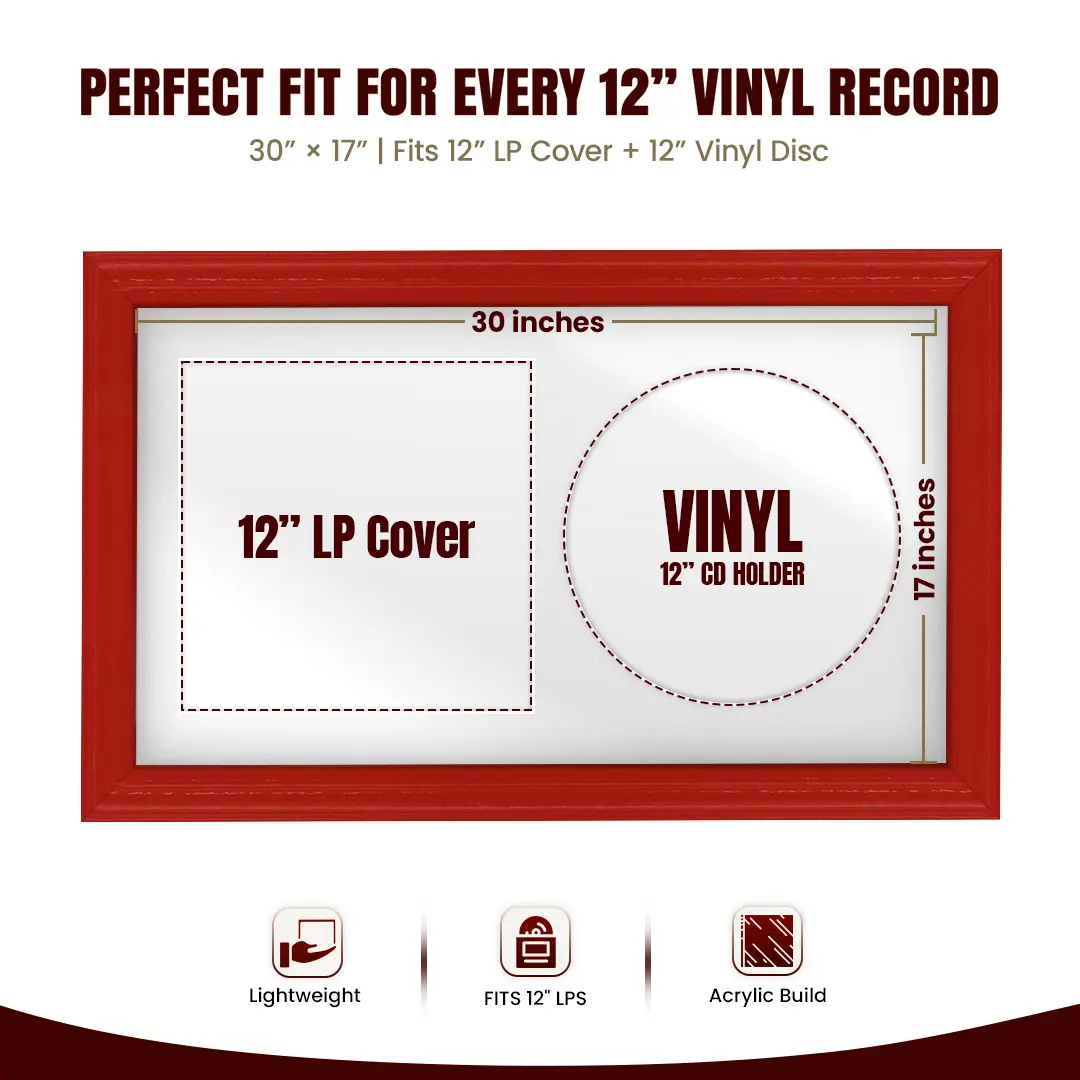 30x17" Classic Red Vinyl Record Frame With Ice White Mount | For 12" LP Cover and Disc Side By Side Display thumbnail 3