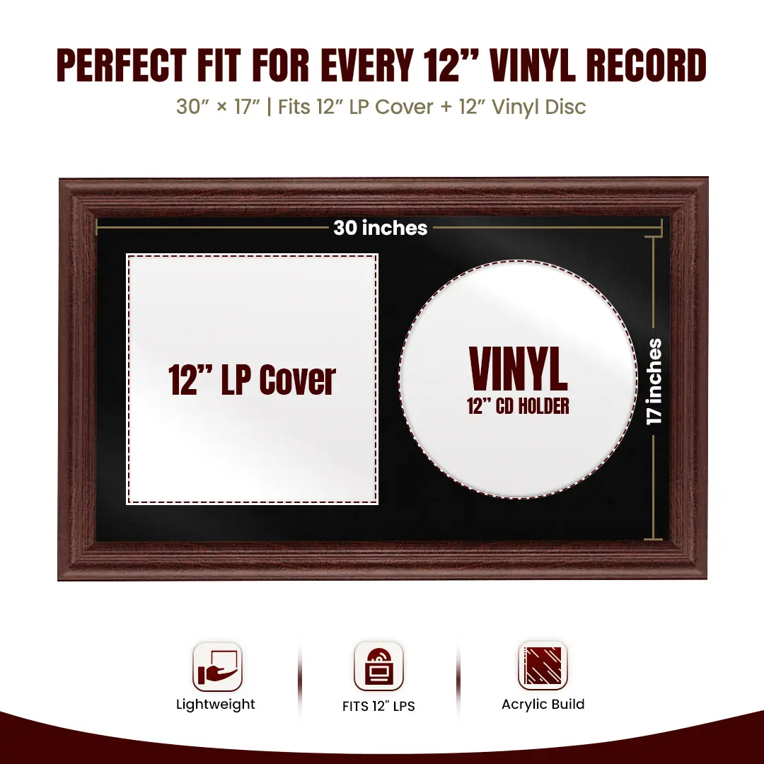 30x17" Classic Rose Wood Vinyl Record Frame With Black Mount | Side by Side 12" LP Cover & Disc Display thumbnail 3