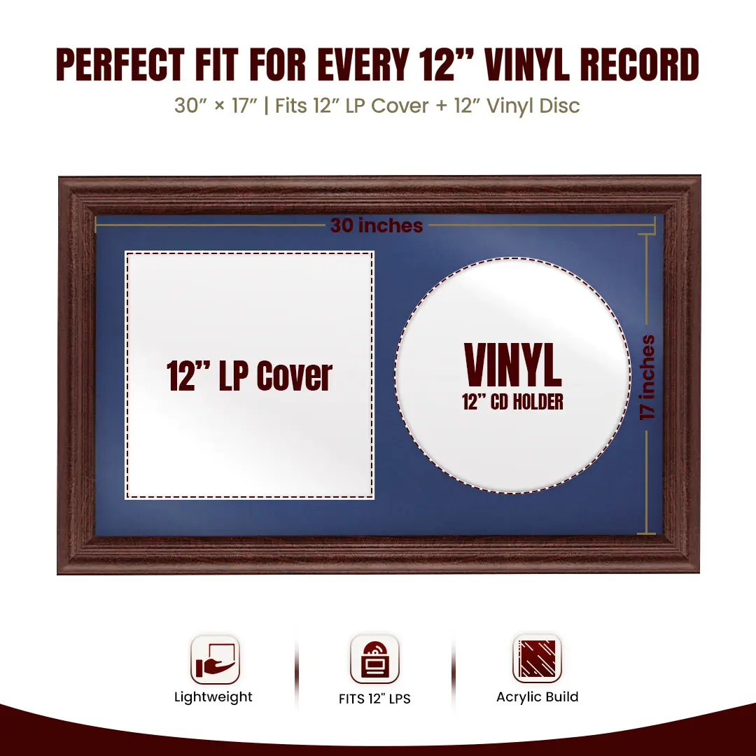 30x17" Classic Rose Wood Vinyl Record Frame With Blue Mount | For 12" LP Cover and Disc Side By Side Display thumbnail 3