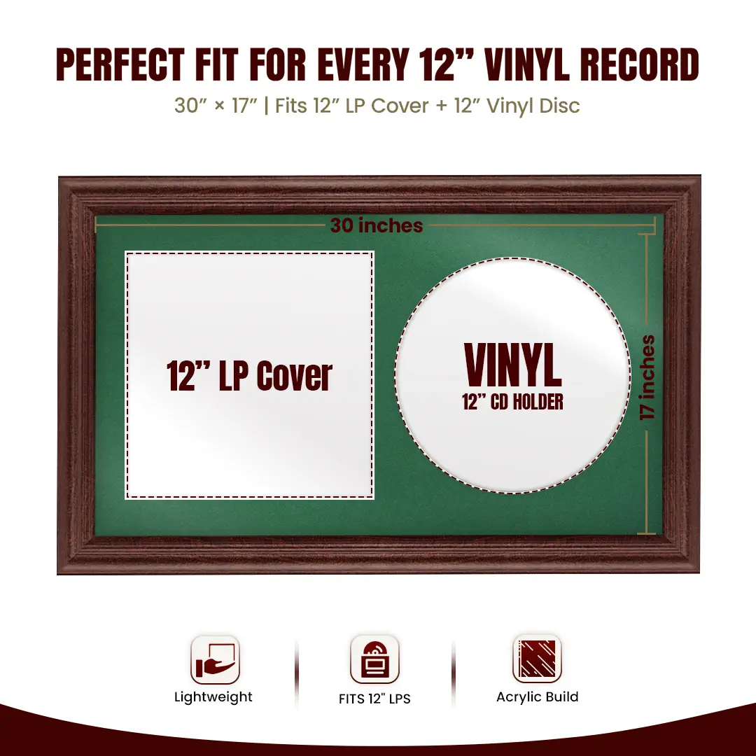 30x17" Classic Rose Wood Vinyl Record Frame With Emerald (Green) Mount | Side by Side 12" LP Cover & Disc Display thumbnail 3