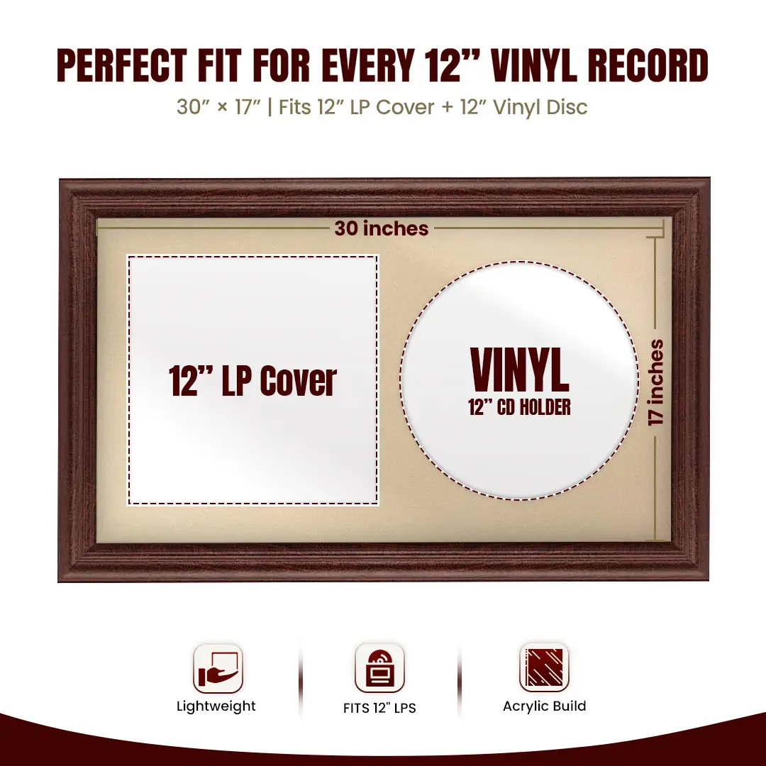 30x17" Classic Rose Wood Vinyl Record Frame With Poppy Red Mount | Side by Side 12" LP Cover & Disc Display thumbnail 3