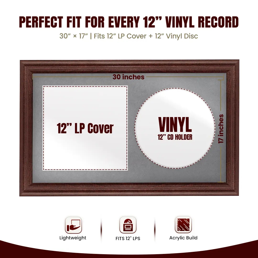 30x17" Classic Rose Wood Vinyl Record Frame With Mid Grey Mount | For 12" LP Cover and Disc Side By Side Display thumbnail 3