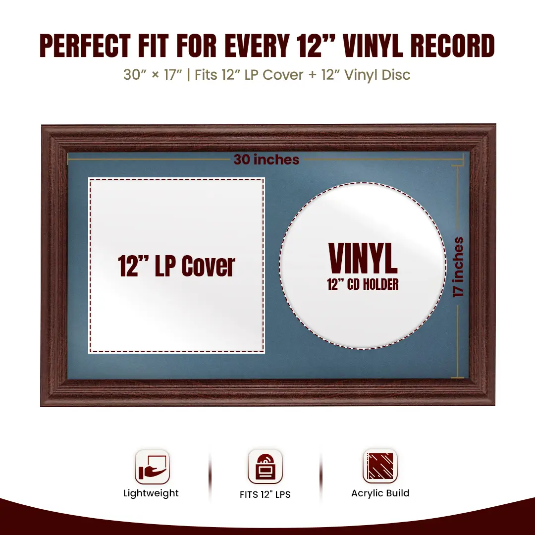 30x17" Classic Rose Wood Vinyl Record Frame With Pompador Mount | For 12" LP Cover and Disc Side By Side Display thumbnail 3
