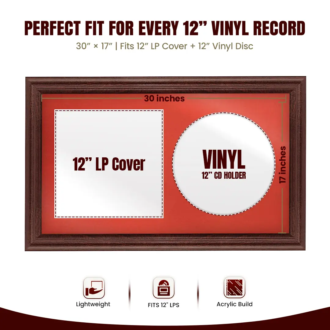 30x17" Classic Rose Wood Vinyl Record Frame With Poppy Red Mount | For 12" LP Cover and Disc Side By Side Display thumbnail 3