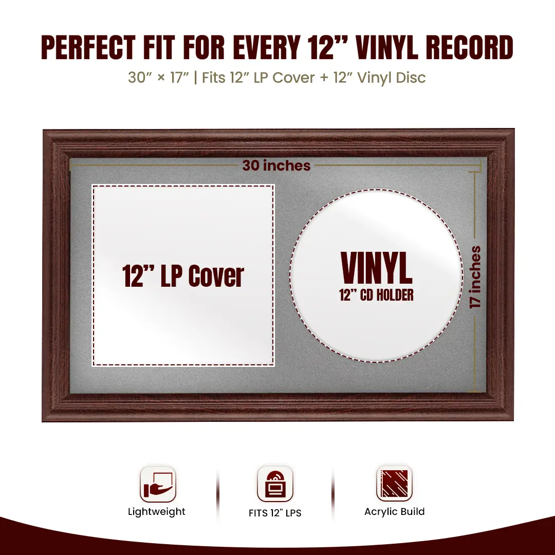 30x17" Classic Rose Wood Vinyl Record Frame With Silver Mount | Displays 12" LP Cover & Disc Side by Side thumbnail 3