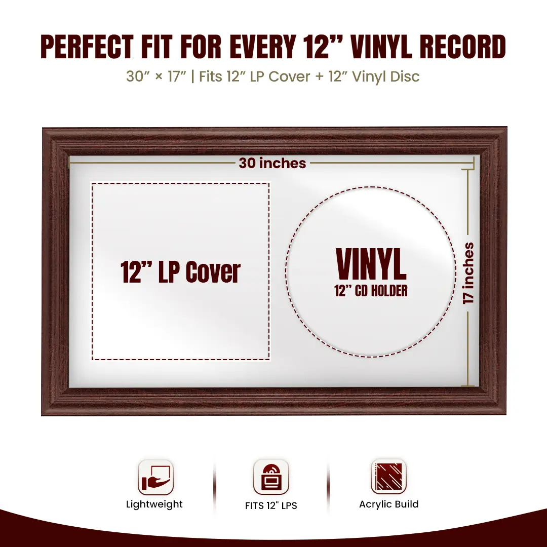 30x17" Classic Rose Wood Vinyl Record Frame With Ice White Mount | For 12" LP Cover and Disc Side By Side Display thumbnail 3