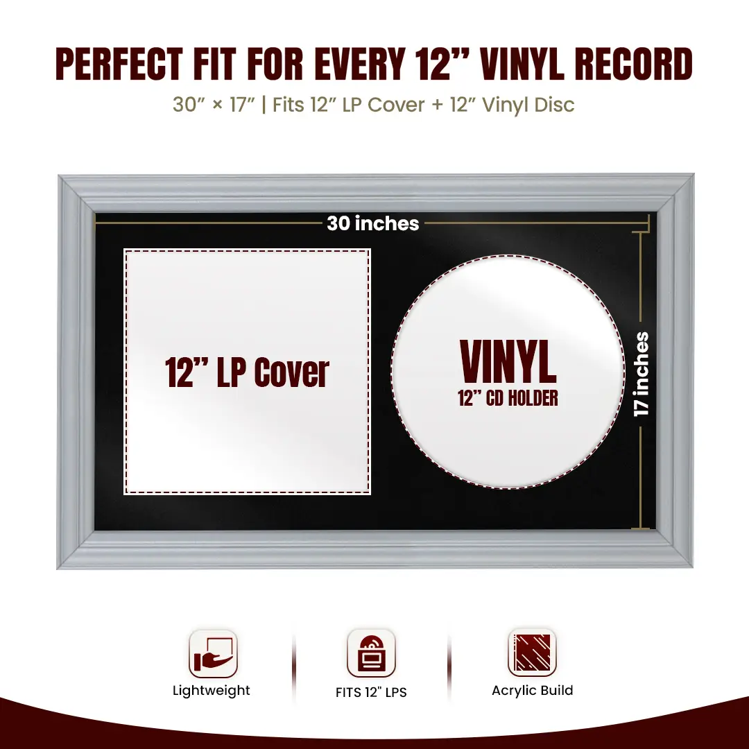 30x17" Classic Silver Vinyl Record Frame With Poppy Red Mount | Side by Side 12" LP Cover & Disc Display thumbnail 3