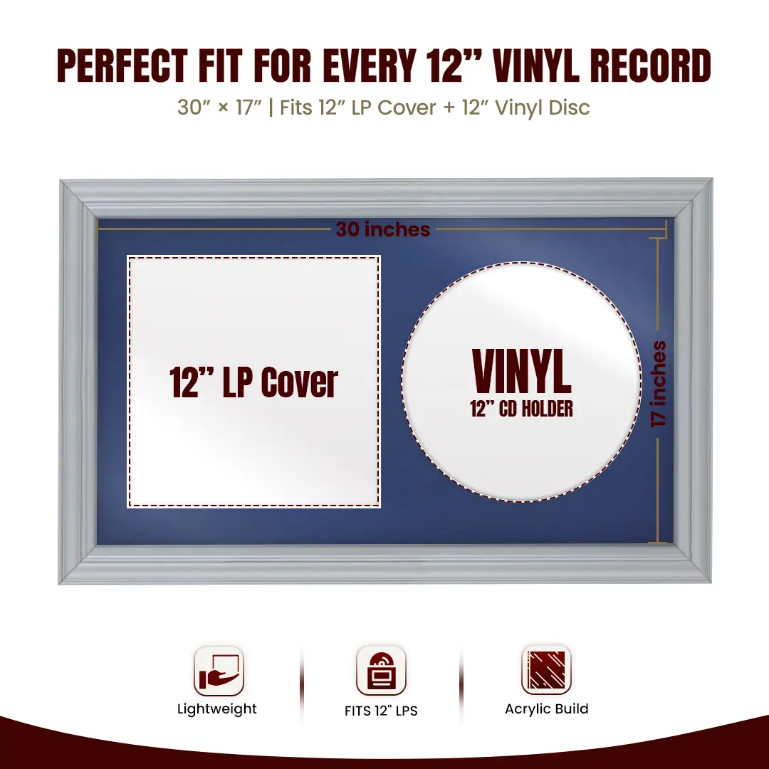 30x17" Classic Silver Vinyl Record Frame With Blue Mount | For 12" LP Cover and Disc Side By Side Display thumbnail 3