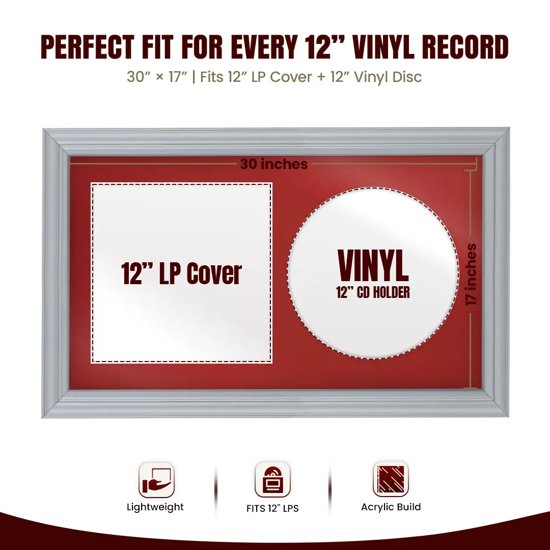30x17" Classic Silver Vinyl Record Frame With Crimson Mount | Side by Side 12" LP Cover & Disc Display thumbnail 3