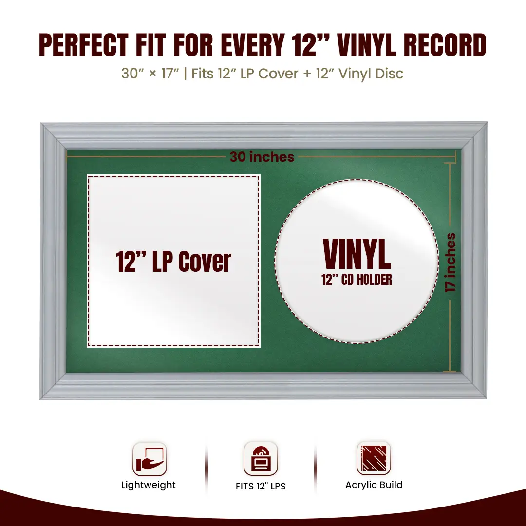 30x17" Classic Silver Vinyl Record Frame With Emerald (Green) Mount | Side by Side 12" LP Cover & Disc Display thumbnail 3