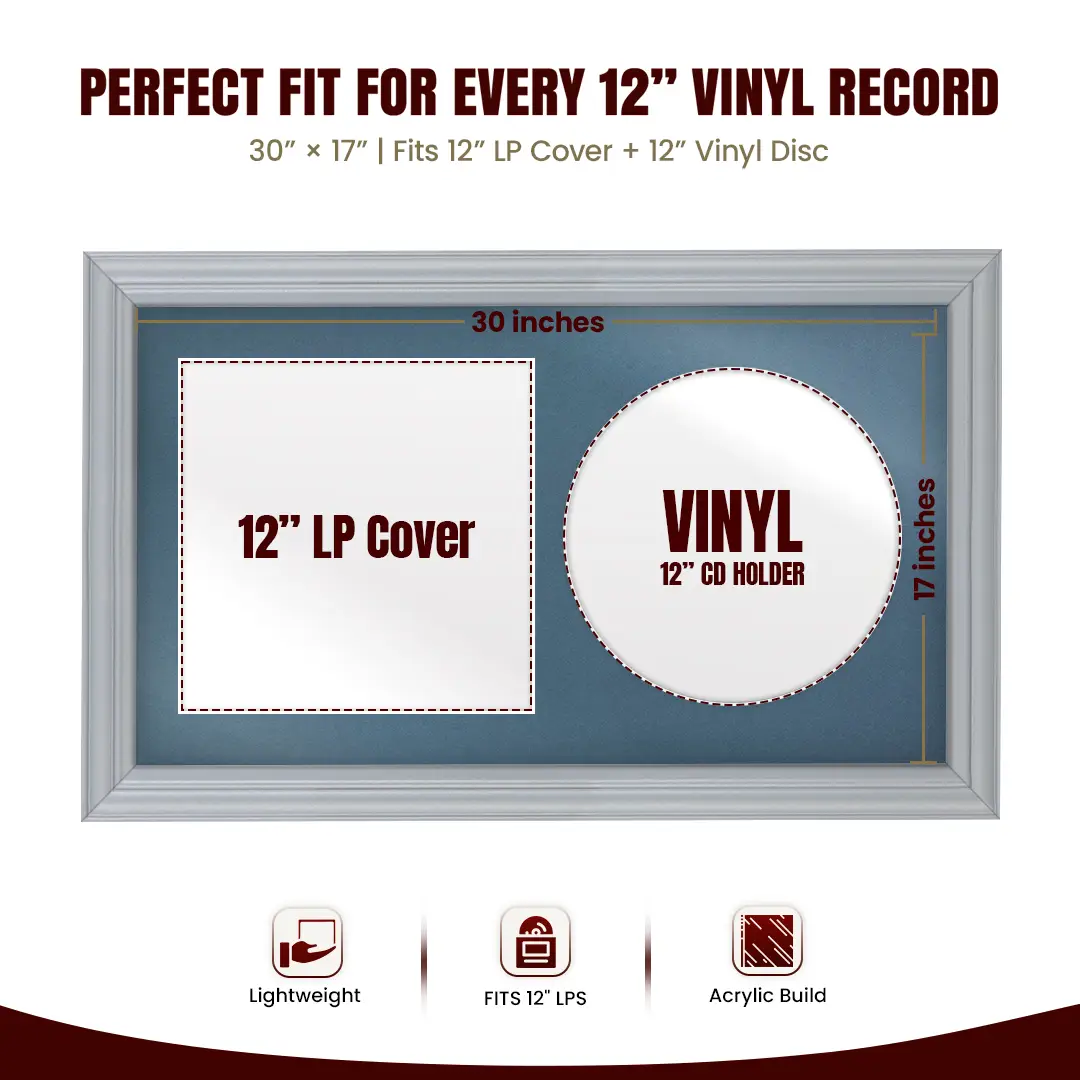30x17" Classic Silver Vinyl Record Frame With Pompador Mount | Side by Side 12" LP Cover & Disc Display thumbnail 3