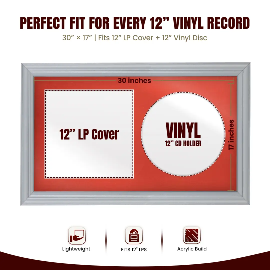 30x17" Classic Silver Vinyl Record Frame With Poppy Red Mount | For 12" LP Cover and Disc Side By Side Display thumbnail 3