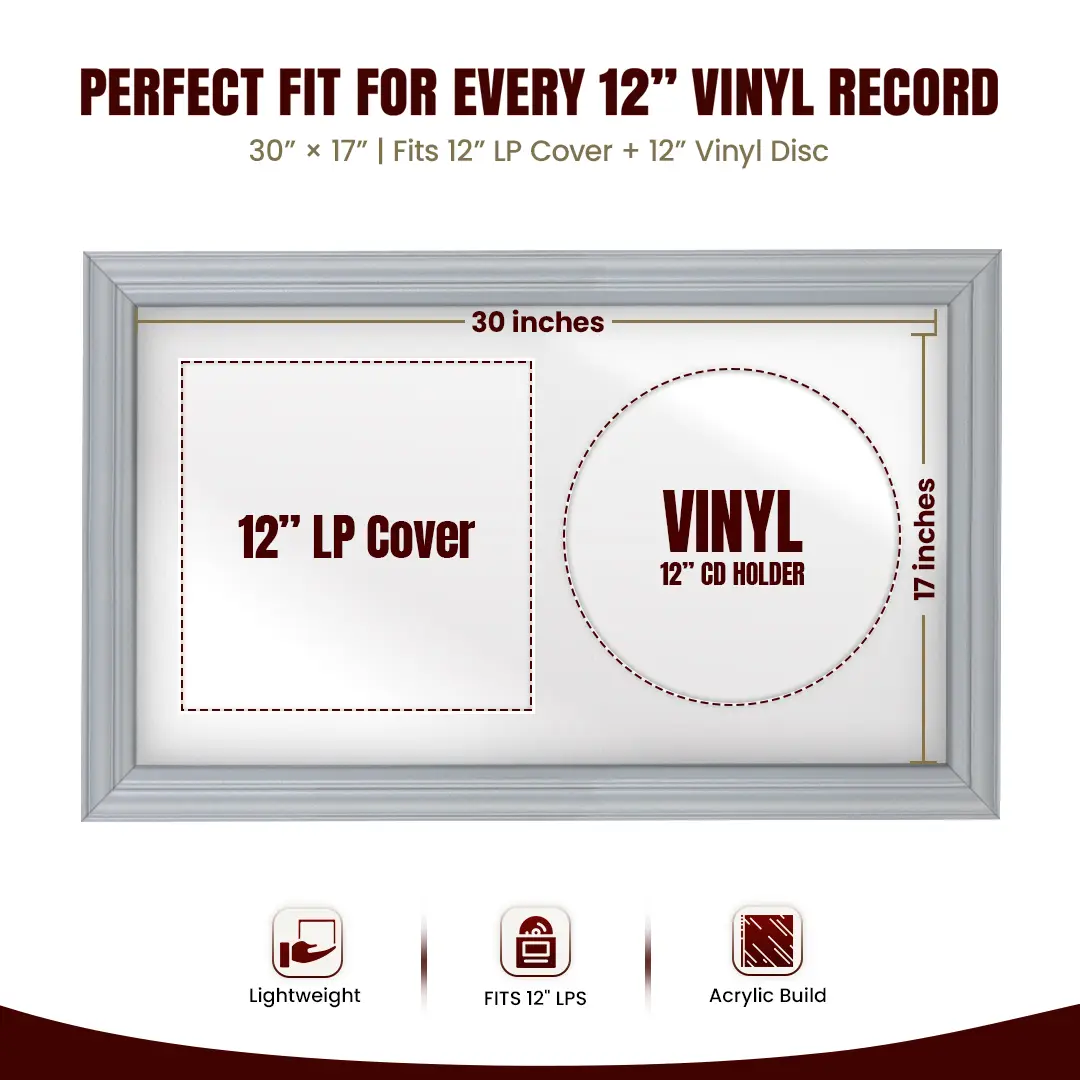 30x17" Classic Silver Vinyl Record Frame With Ice White Mount | For 12" LP Cover and Disc Side By Side Display thumbnail 3