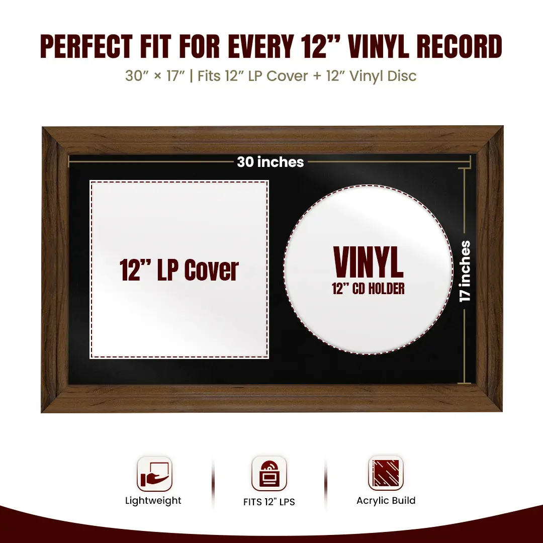 30x17" Classic Walnut Vinyl Record Frame With Black Mount | For 12" LP Cover and Disc Side By Side Display thumbnail 3