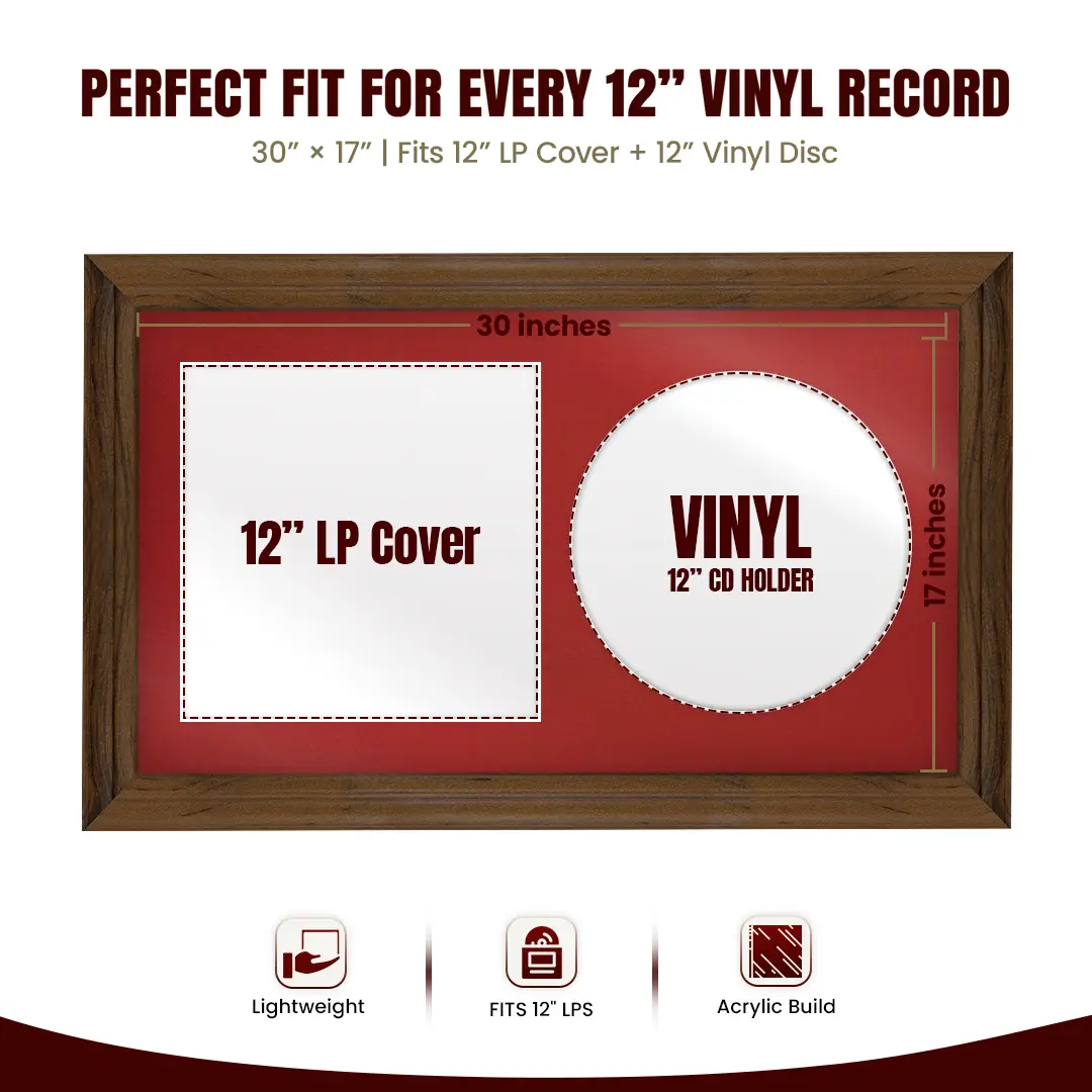 30x17" Classic Walnut Vinyl Record Frame With Crimson Mount | For 12" LP Cover and Disc Side By Side Display thumbnail 3
