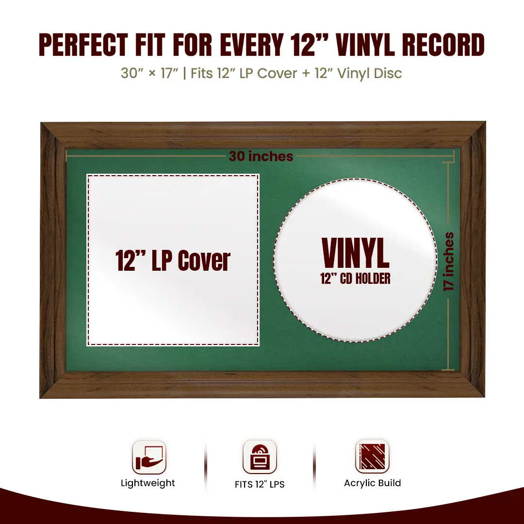 30x17" Classic Walnut Vinyl Record Frame With Emerald (Green) Mount | For 12" LP Cover and Disc Side By Side Display thumbnail 3