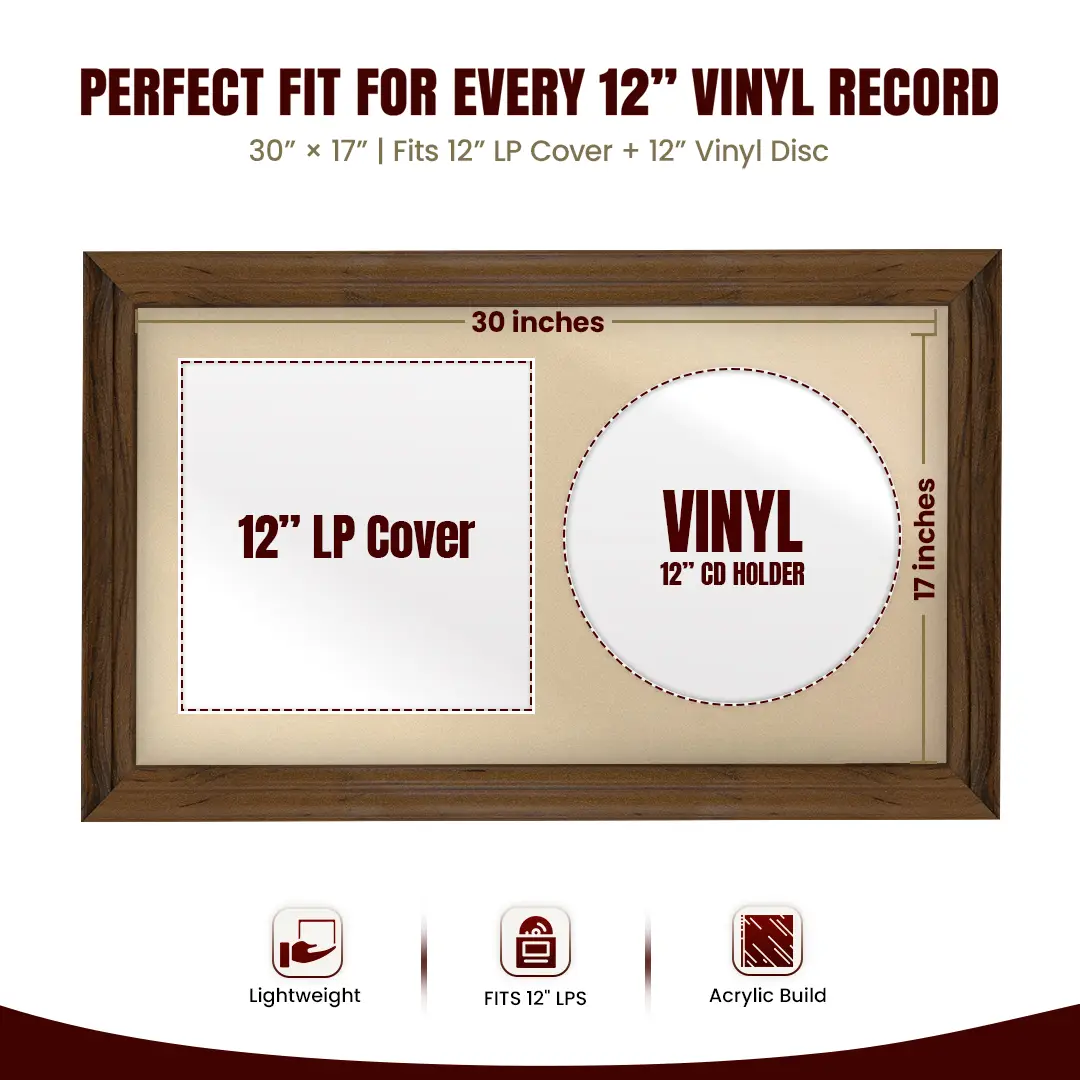 30x17" Classic Walnut Vinyl Record Frame With Ivory Mount | For 12" LP Cover and Disc Side By Side Display thumbnail 3