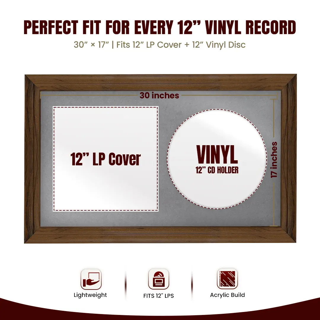 30x17" Classic Walnut Vinyl Record Frame With Mid Grey Mount | For 12" LP Cover and Disc Side By Side Display thumbnail 3