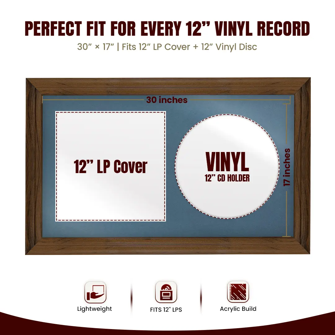 30x17" Classic Walnut Vinyl Record Frame With Silver Mount | For 12" LP Cover and Disc Side By Side Display thumbnail 3
