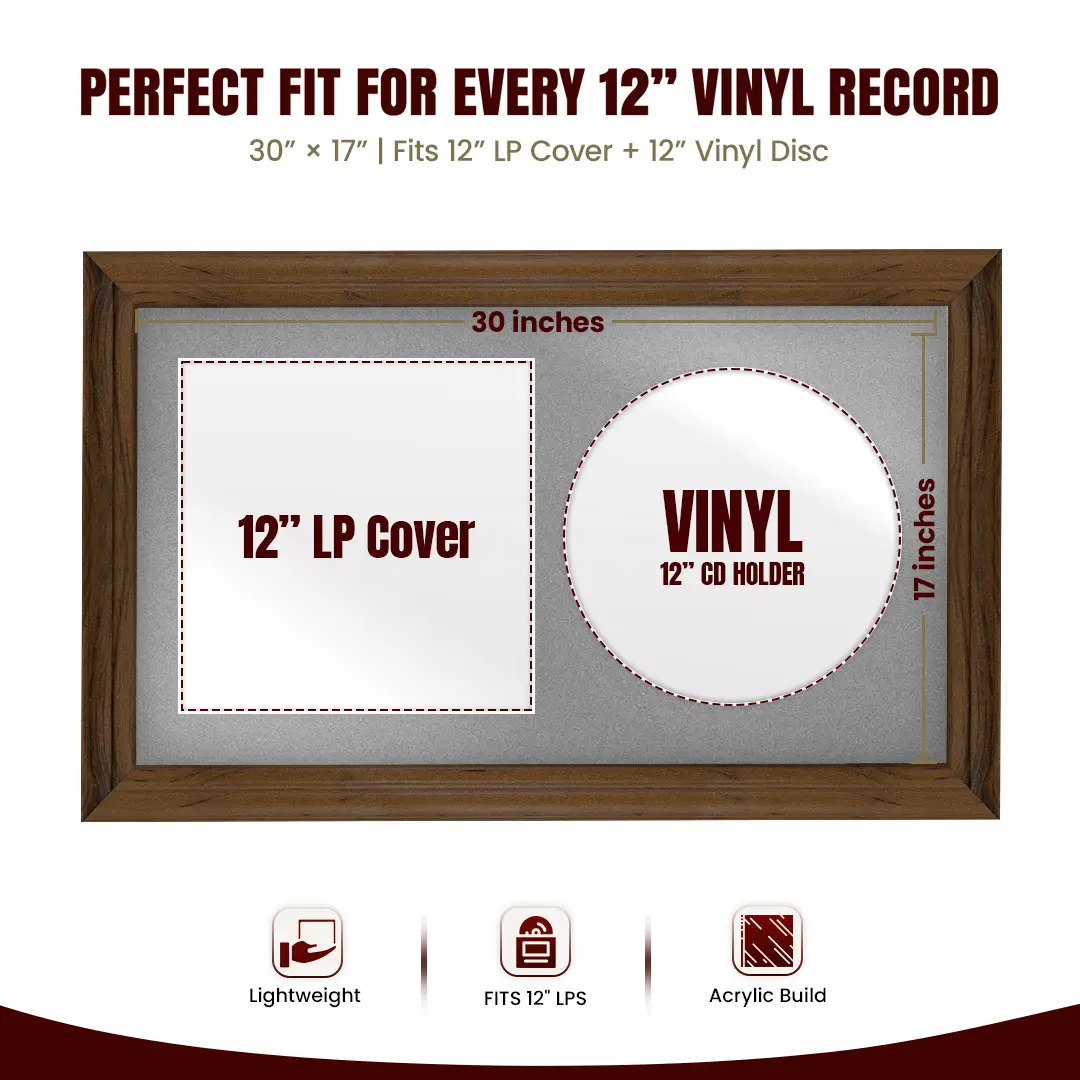 30x17" Classic Walnut Vinyl Record Frame With Poppy Red Mount | Side by Side 12" LP Cover & Disc Display thumbnail 3