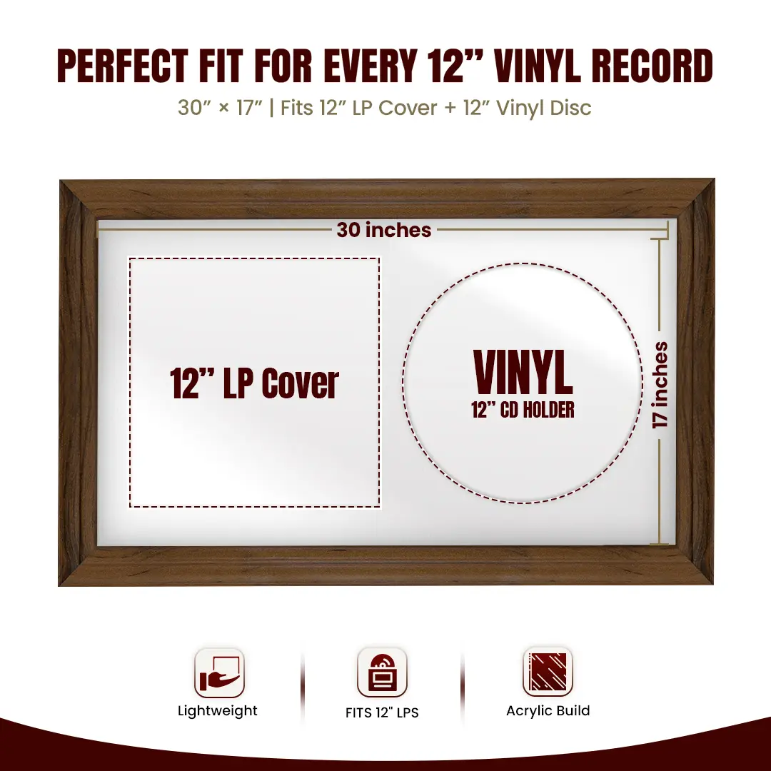 30x17" Classic Walnut Vinyl Record Frame With Silver Mount | Displays 12" LP Cover & Disc Side by Side thumbnail 3