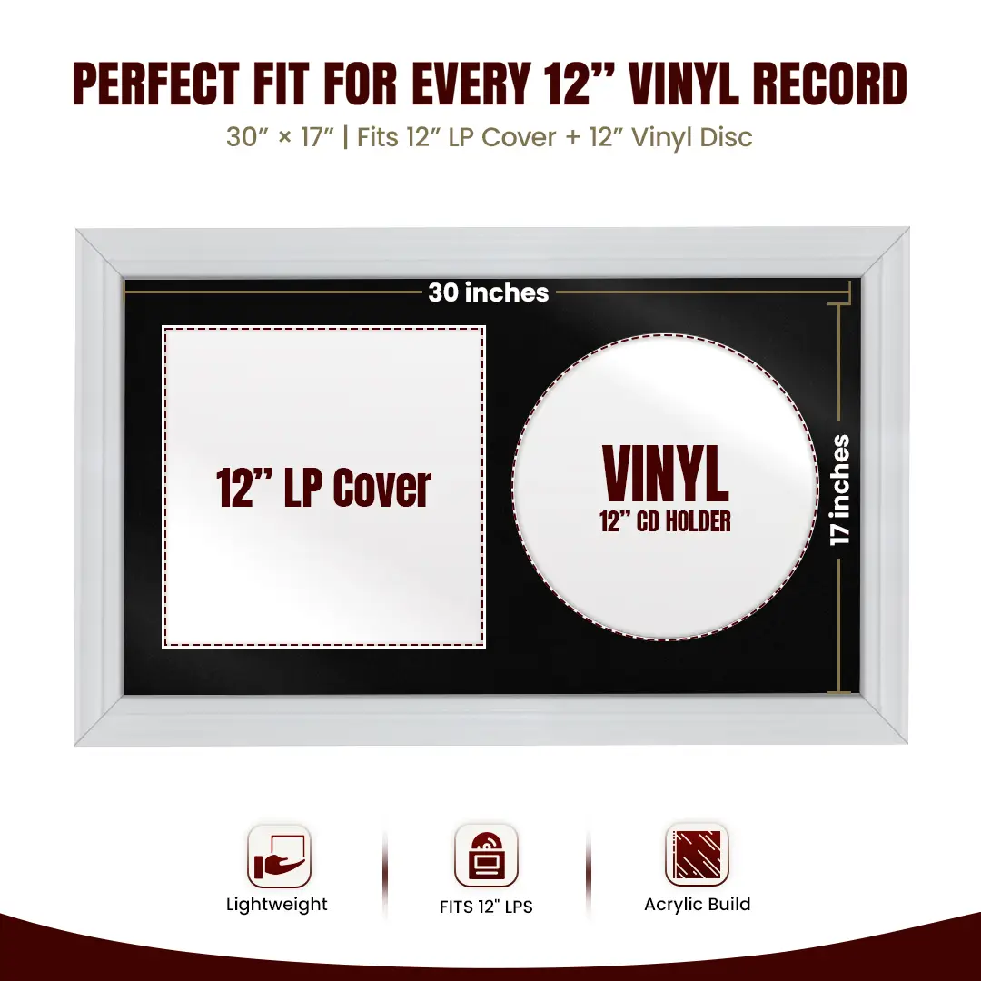 30x17" Classic White Vinyl Record Frame With Black Mount | For 12" LP Cover and Disc Side By Side Display thumbnail 3