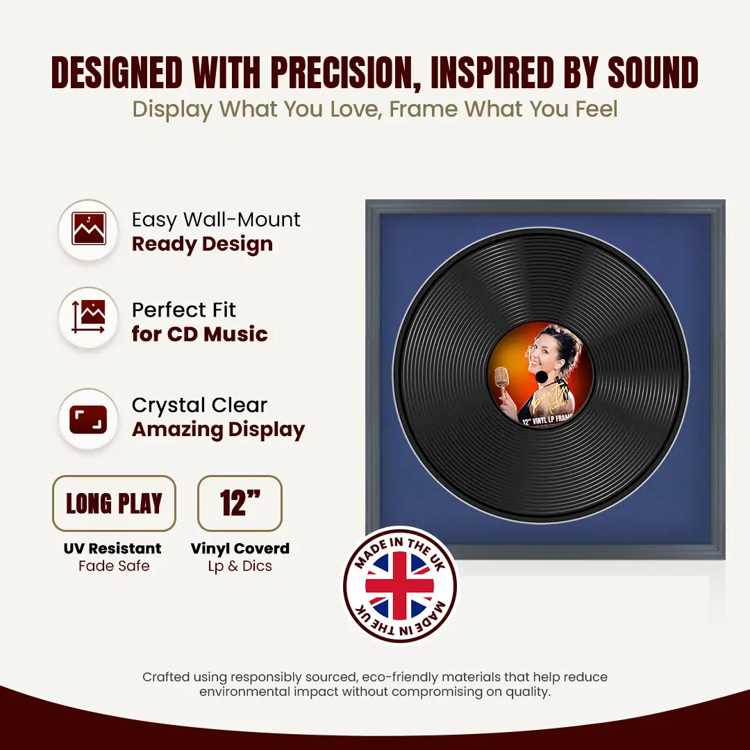 16x16" Classic Dark Grey Vinyl Record Frame With Blue Mount For 12" LP Discs | Elegant Frame For Music Lovers thumbnail 8