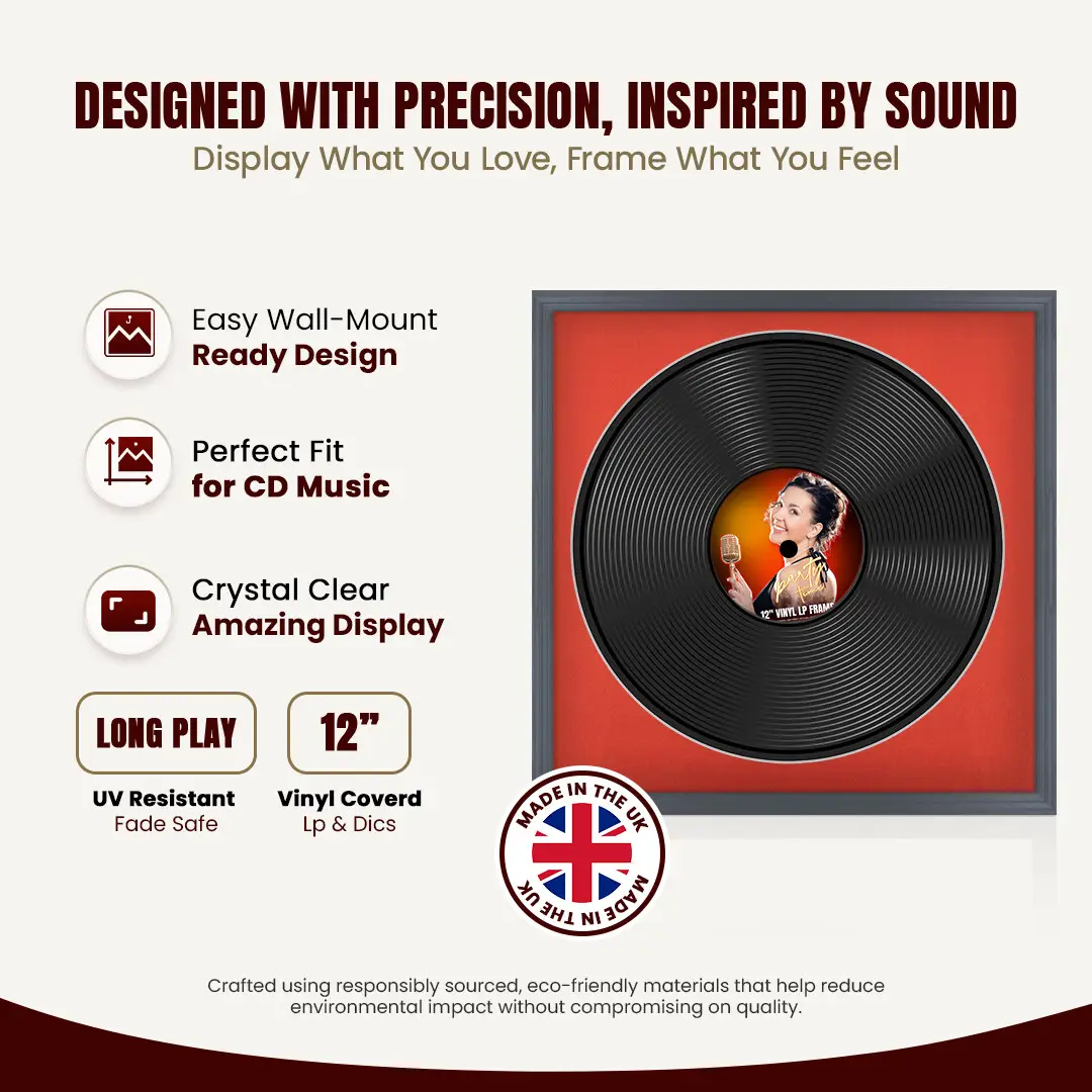16x16" Classic Dark Grey Vinyl Record Frame With Poppy Red Mount For 12" LP Discs | Elegant Frame For Music Lovers thumbnail 8