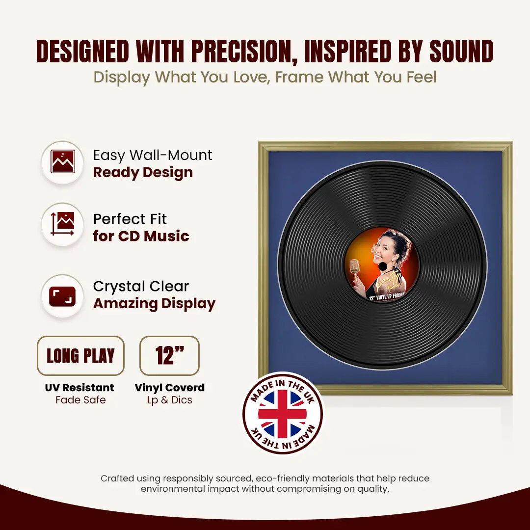 16x16" Classic Gold Vinyl Record Frame With Blue Mount For 12" LP Discs | Premium Wall Frame For Music Enthusiasts thumbnail 8