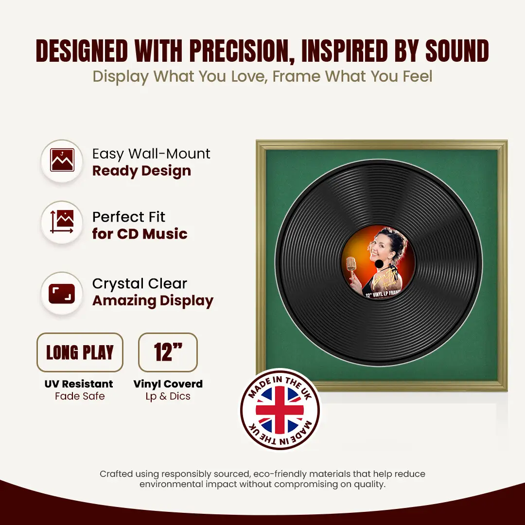 16x16" Classic Gold Vinyl Record Frame With Emerald (Green) Mount For 12" LP Discs | Premium Wall Frame For Music Enthusiasts thumbnail 8