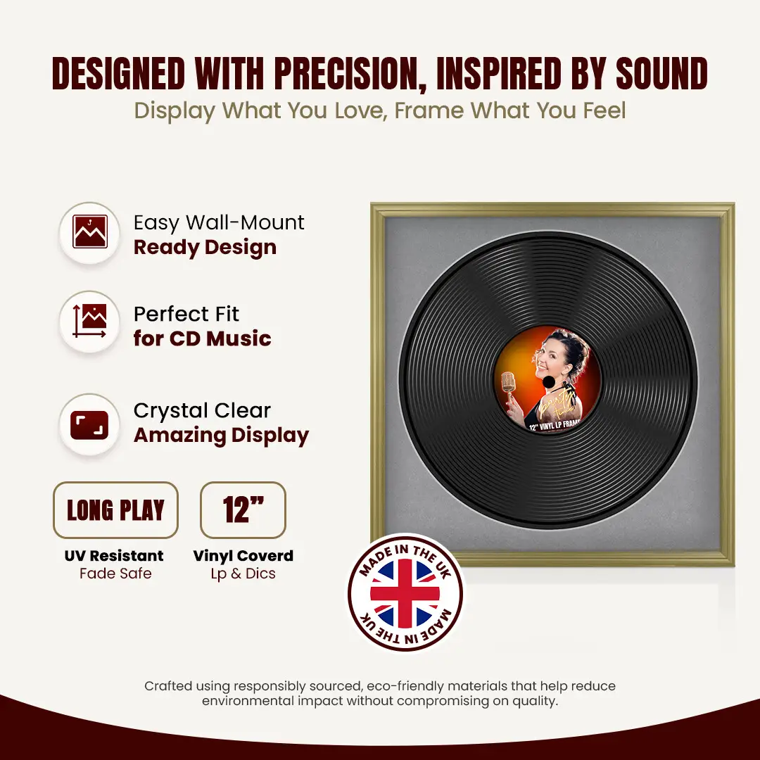 16x16" Classic Gold Vinyl Record Frame With Mid Grey Mount For 12" LP Discs | Contemporary Wall Display thumbnail 8