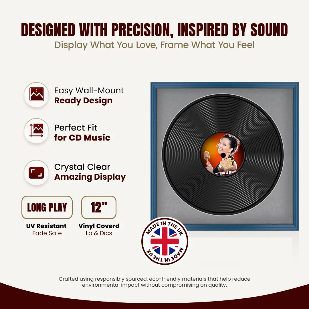 16x16" Classic Navy Blue Vinyl Record Frame With Mid Grey Mount For 12" LP Discs | Contemporary Wall Display thumbnail 8