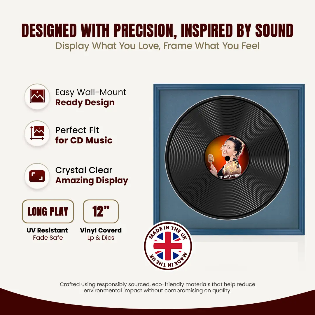 16x16" Classic Navy Blue Vinyl Record Frame With Pompador Mount For 12" LP Discs | Premium Wall Frame For Music Enthusiasts thumbnail 8