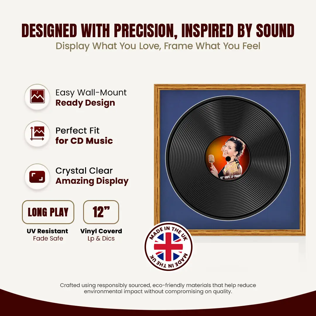 16x16" Classic Oak Vinyl Record Frame With Blue Mount For 12" LP Discs | Premium Wall Frame For Music Enthusiasts thumbnail 8