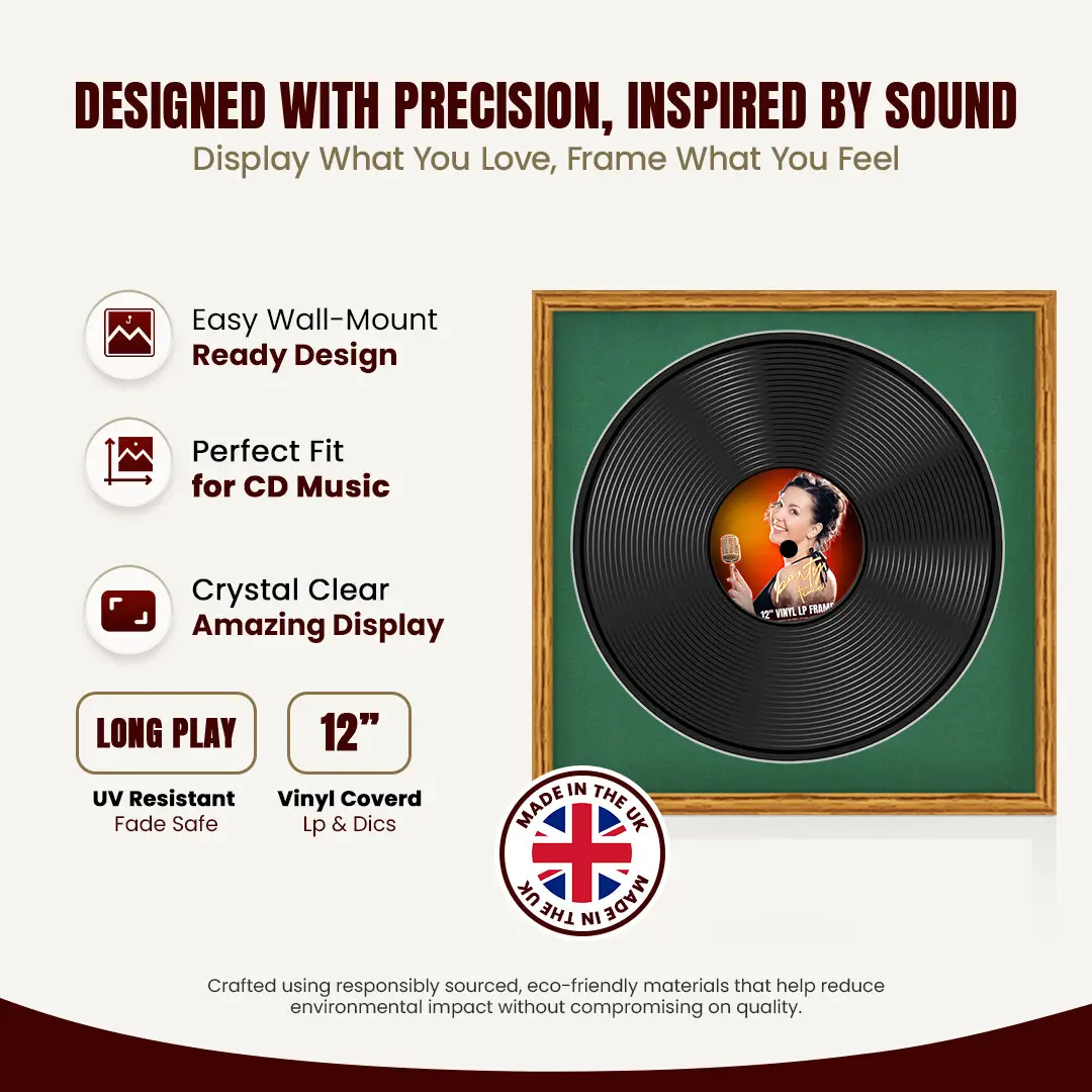 16x16" Classic Oak Vinyl Record Frame With Emerald (Green) Mount For 12" LP Discs | Premium Wall Frame For Music Enthusiasts thumbnail 8