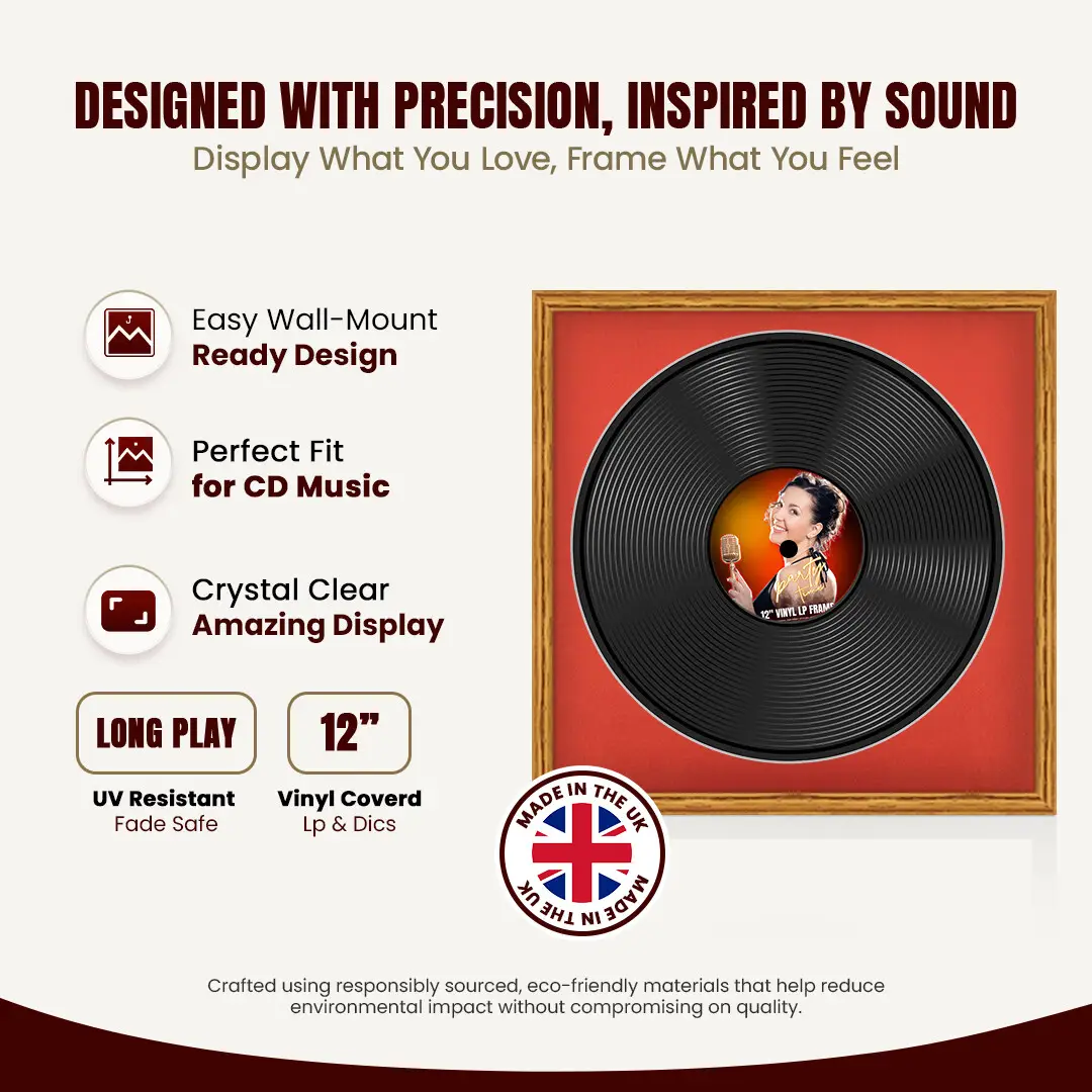 16x16" Classic Oak Vinyl Record Frame With Poppy Red Mount For 12" LP Discs | Elegant Frame For Music Lovers thumbnail 8