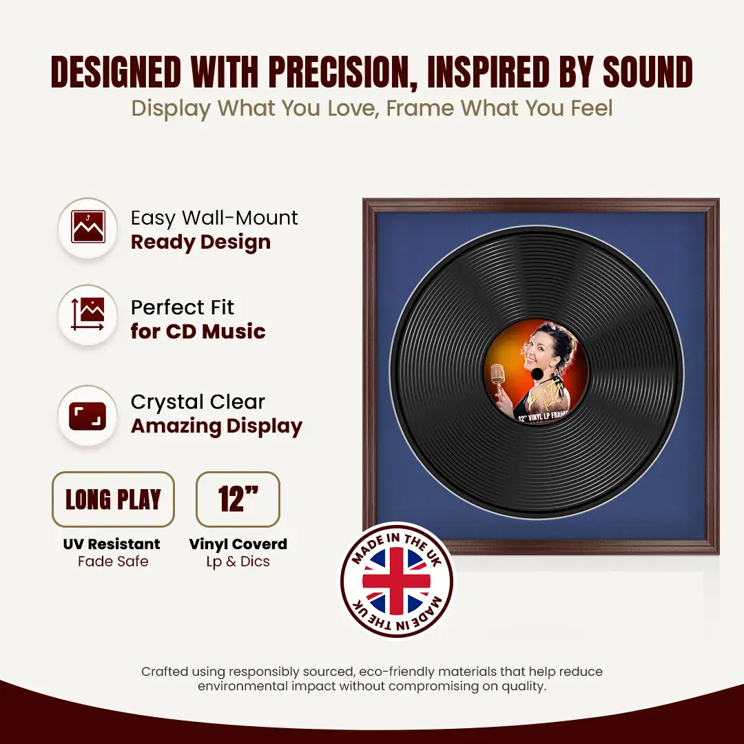 16x16" Classic Rose Wood Vinyl Record Frame With Blue Mount For 12" LP Discs | Contemporary Wall Display thumbnail 8