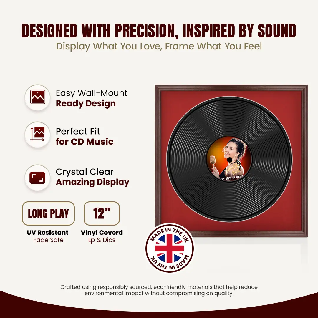 16x16" Classic Rose Wood Vinyl Record Frame With Black Mount For 12" LP Discs | Elegant Frame For Music Lovers thumbnail 8
