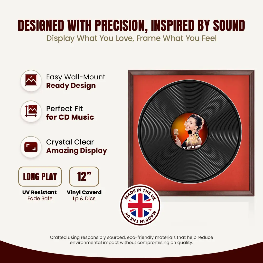 16x16" Classic Rose Wood Vinyl Record Frame With Poppy Red Mount For 12" LP Discs | Contemporary Wall Display thumbnail 8