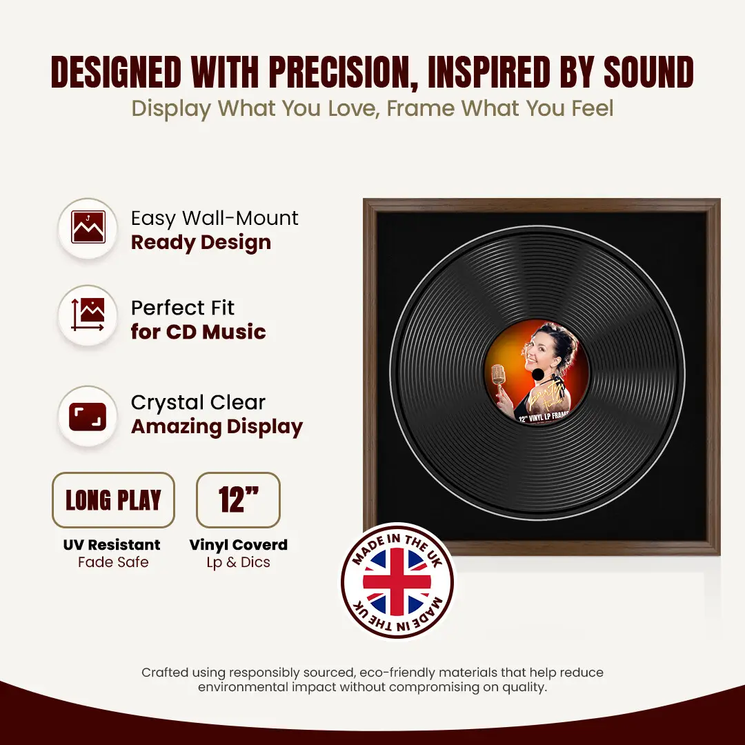 16x16" Classic Walnut Vinyl Record Frame With Black Mount For 12" LP Discs | Premium Wall Frame For Music Enthusiasts thumbnail 8