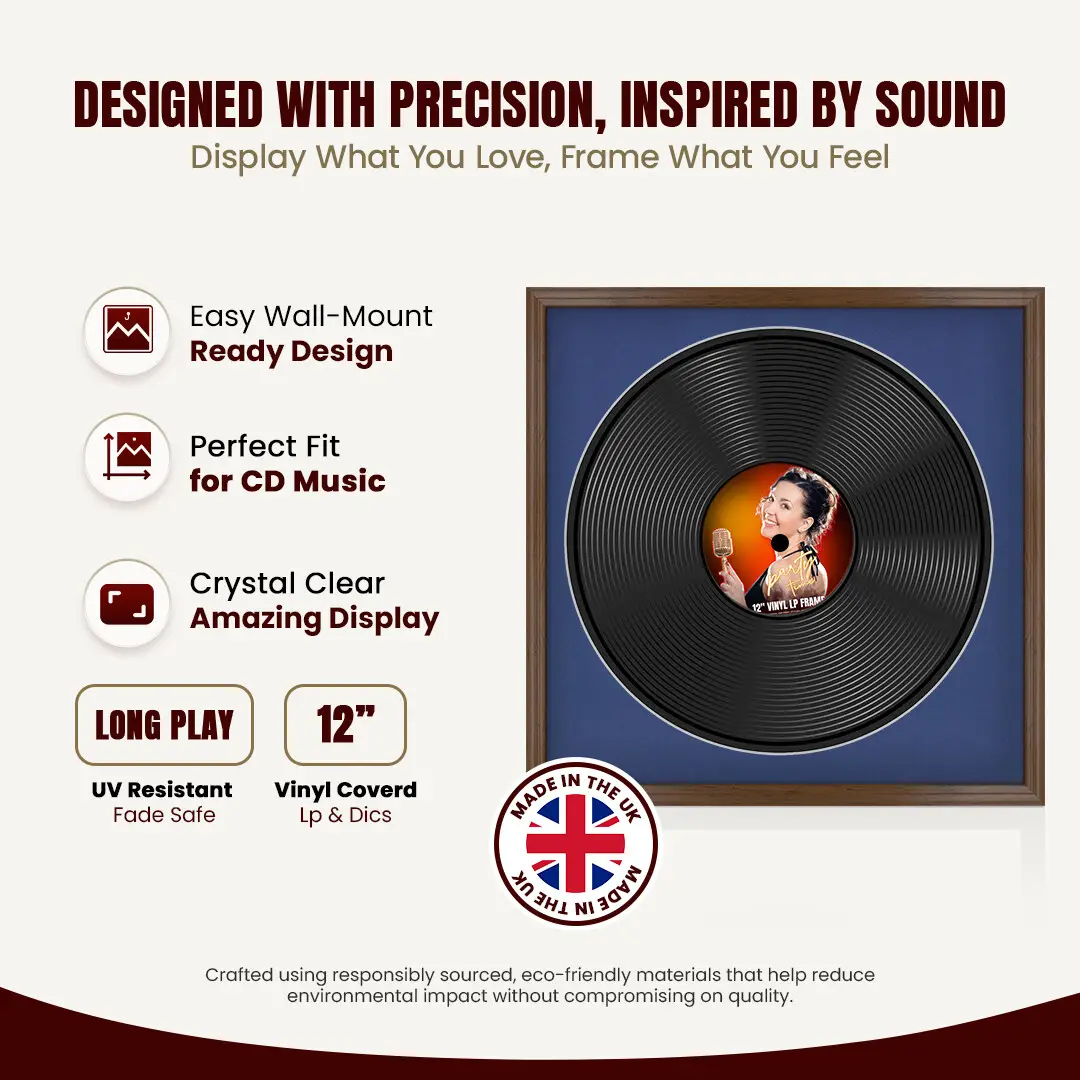 16x16" Classic Walnut Vinyl Record Frame With Blue Mount For 12" LP Discs | Elegant Frame For Music Lovers thumbnail 8