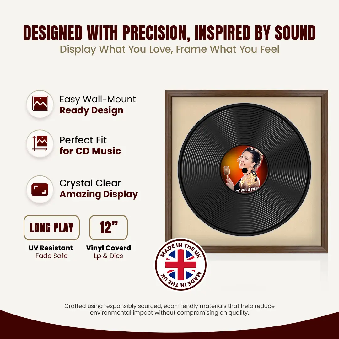 16x16" Classic Walnut Vinyl Record Frame With Ivory Mount For 12" LP Discs | Premium Wall Frame For Music Enthusiasts thumbnail 8