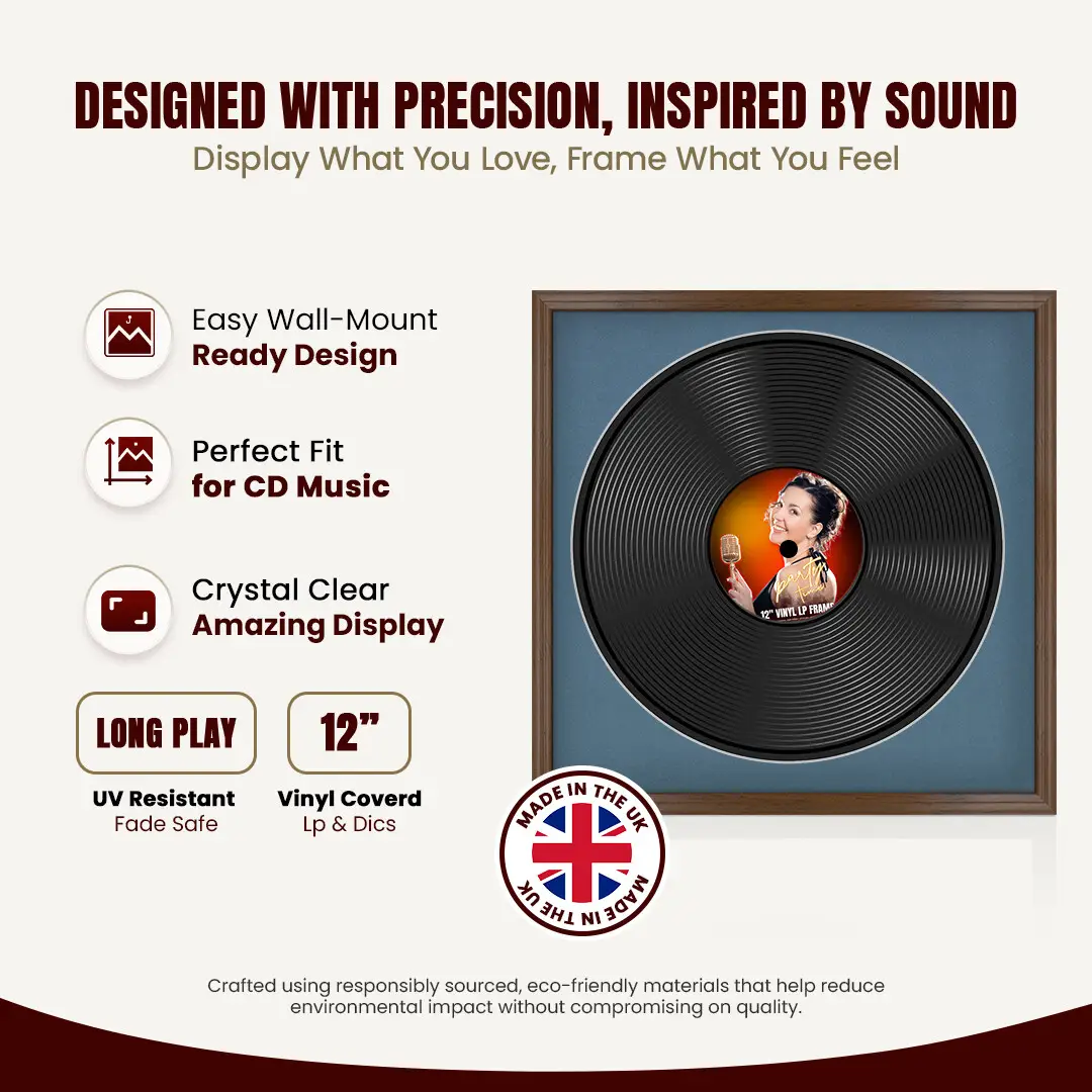 16x16" Classic Walnut Vinyl Record Frame With Pompador Mount For 12" LP Discs | Contemporary Wall Display thumbnail 8