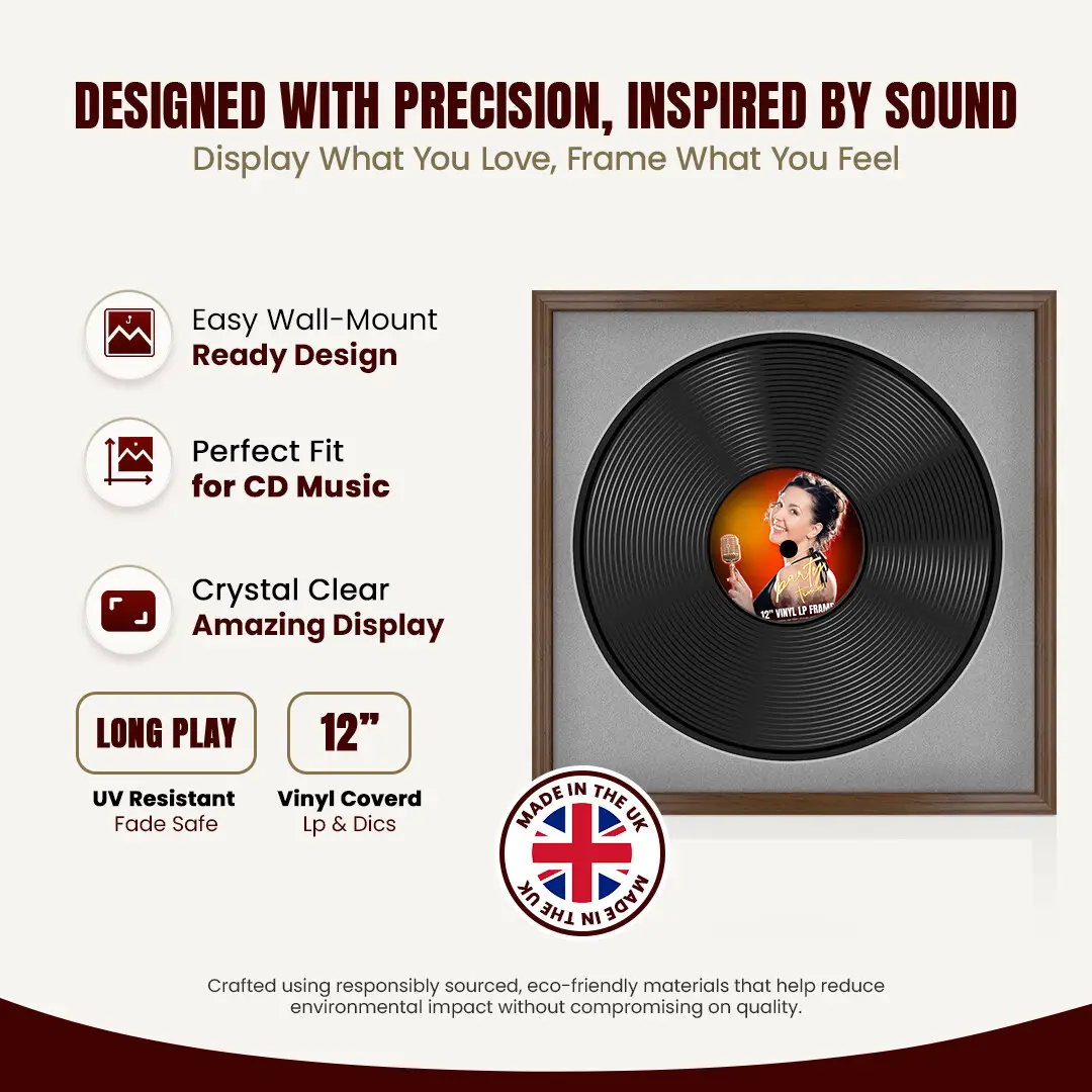 16x16" Classic Walnut Vinyl Record Frame With Black Mount For 12" LP Discs | Contemporary Wall Display thumbnail 8