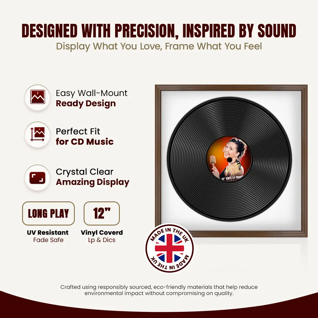 16x16" Classic Walnut Vinyl Record Frame With Ice White Mount For 12" LP Discs | Contemporary Wall Display thumbnail 8