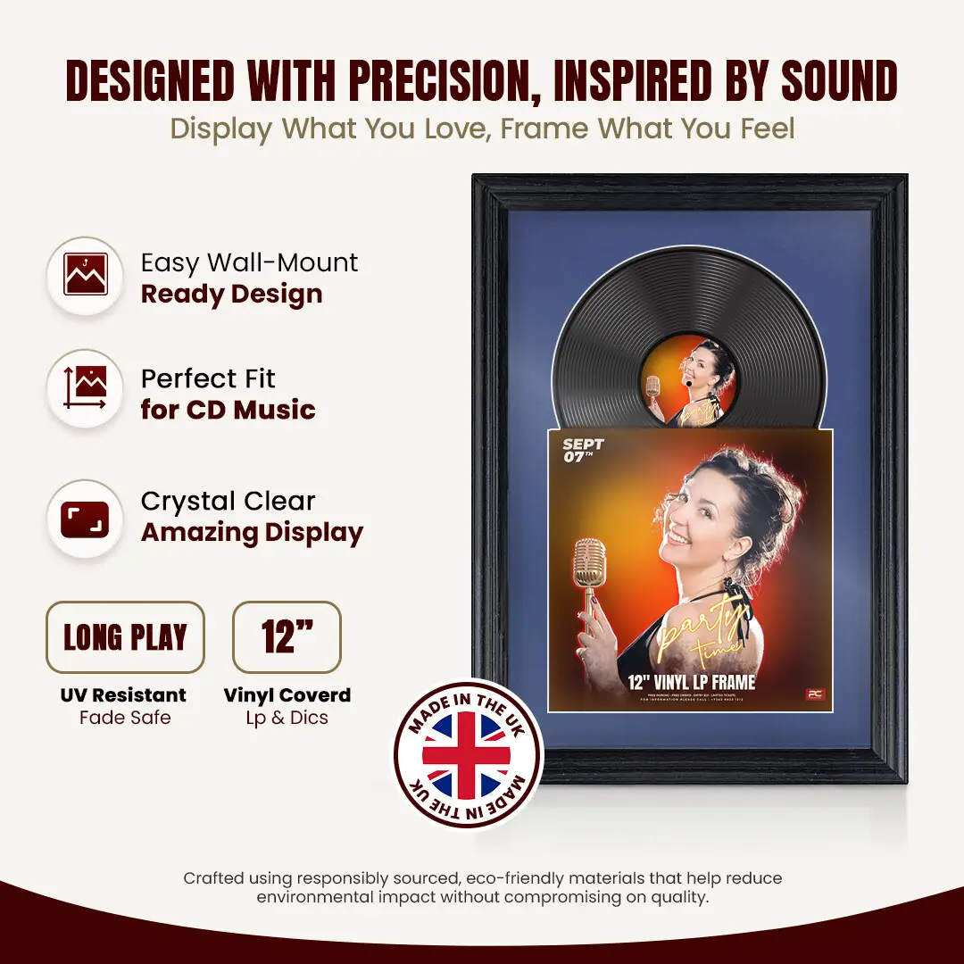 25x17" Classic Black Vinyl Record Frame For 12 Inch LP Cover & Disc With Blue Mount | Overlapped Vinyl Display thumbnail 8