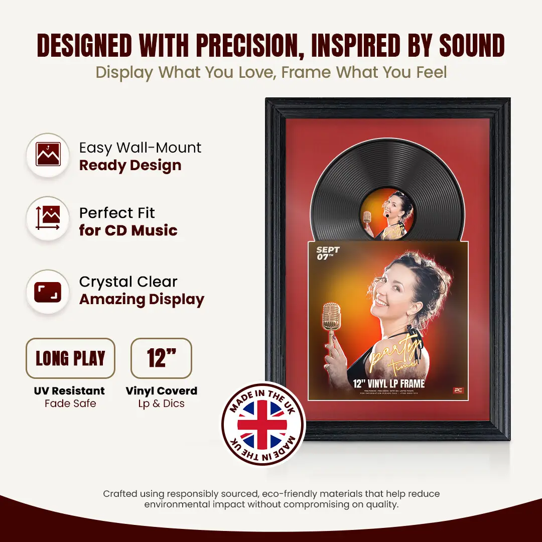 25x17" Classic Black Vinyl Record Frame For LP Cover & Disc With Crimson Mount | Overlapped Display thumbnail 8